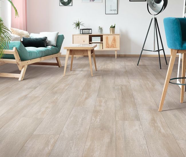 Modern living room with light wood flooring, mid-century furniture, and indoor plants for a cozy, natural aesthetic