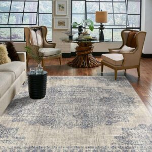 Modern gray and blue patterned area rug with accent chairs in a cozy sitting room
