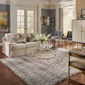 Neutral-toned area rug in a modern living room with cream chairs and glass coffee table