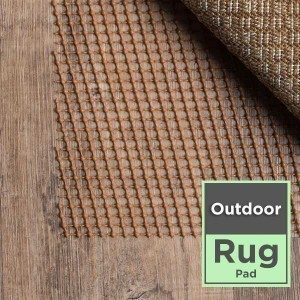 Outdoor rug pad with brown weave pattern and green Outdoor Rug Pad label