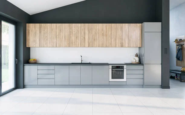 Large beige tile in modern kitchen