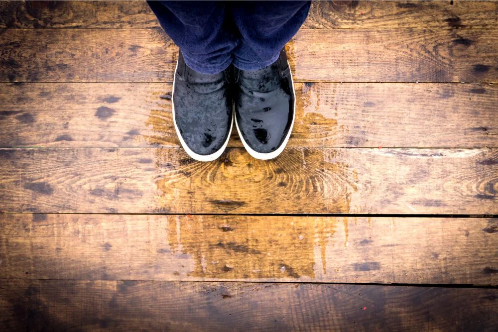 Person standing on hardwood floors with wet shoes