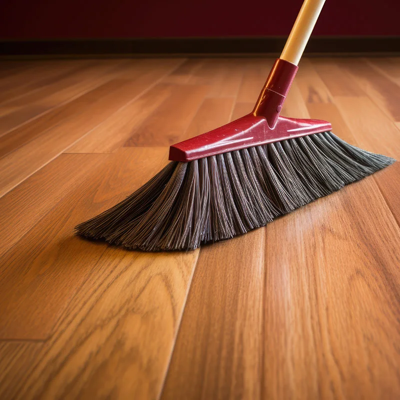 Red broom on hardwood floors